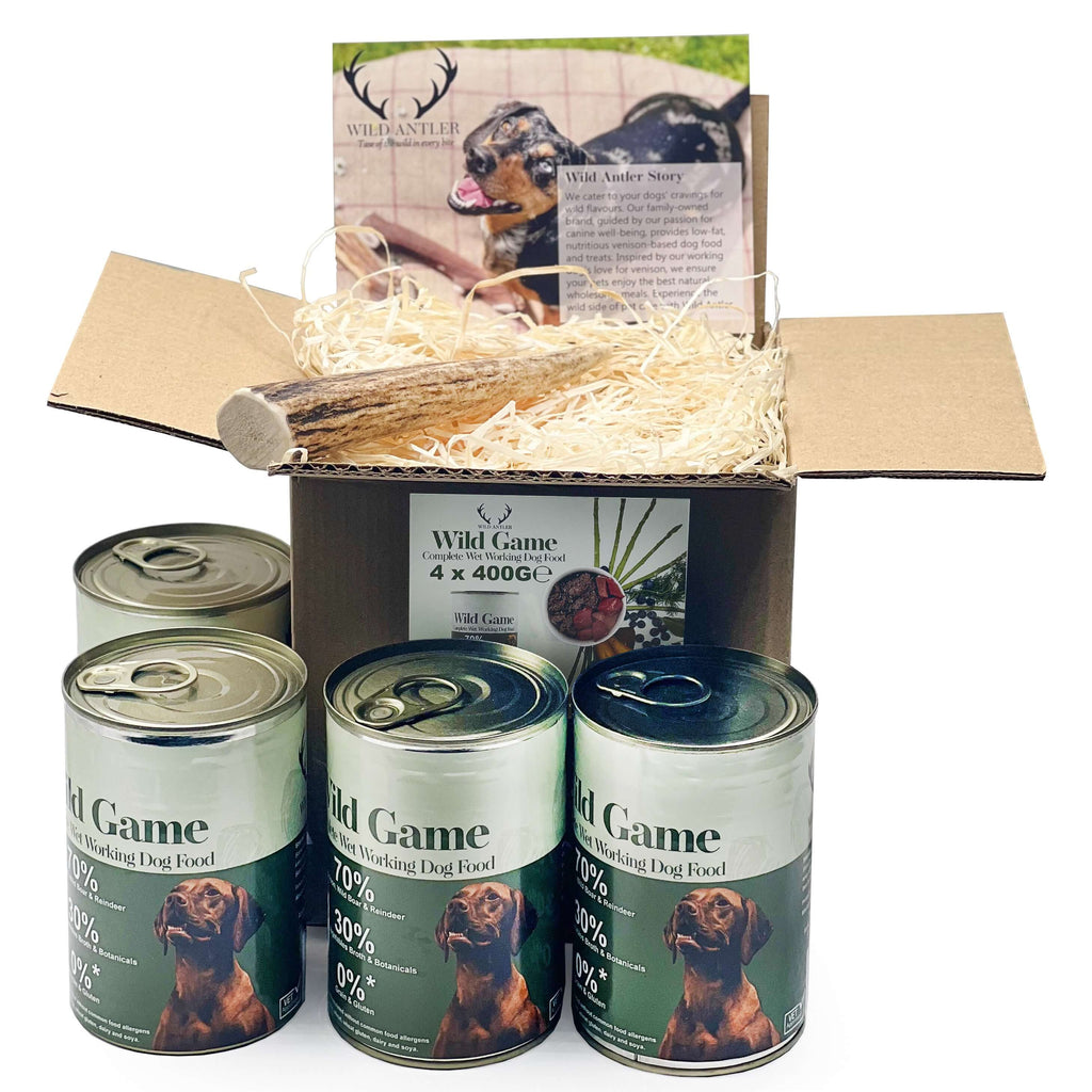Bulk pack of venison, reindeer, and boar wet dog food, 400g cans, ideal for working breeds.