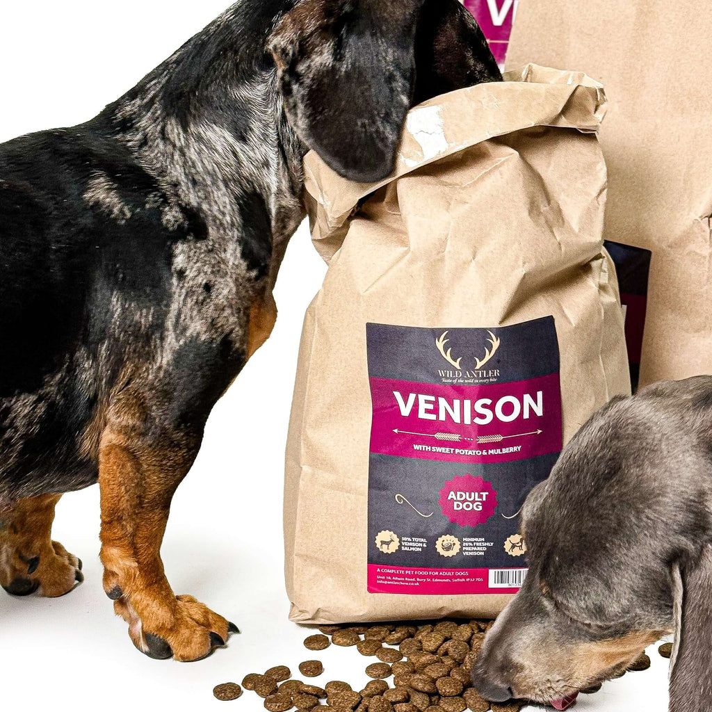 Premium venison and sweet potato dog food with mulberry, rich in nutrients and vitamins.