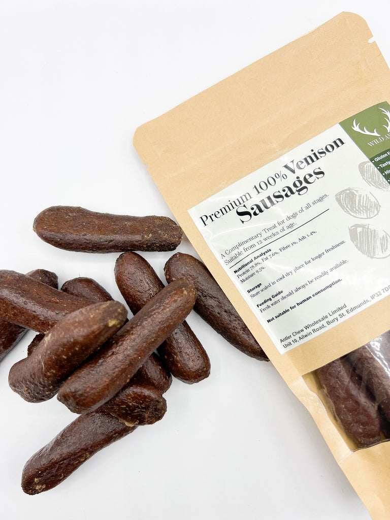 a luxurious 500g pack of high-quality, air-dried sausages made from 100% pure venison meat.