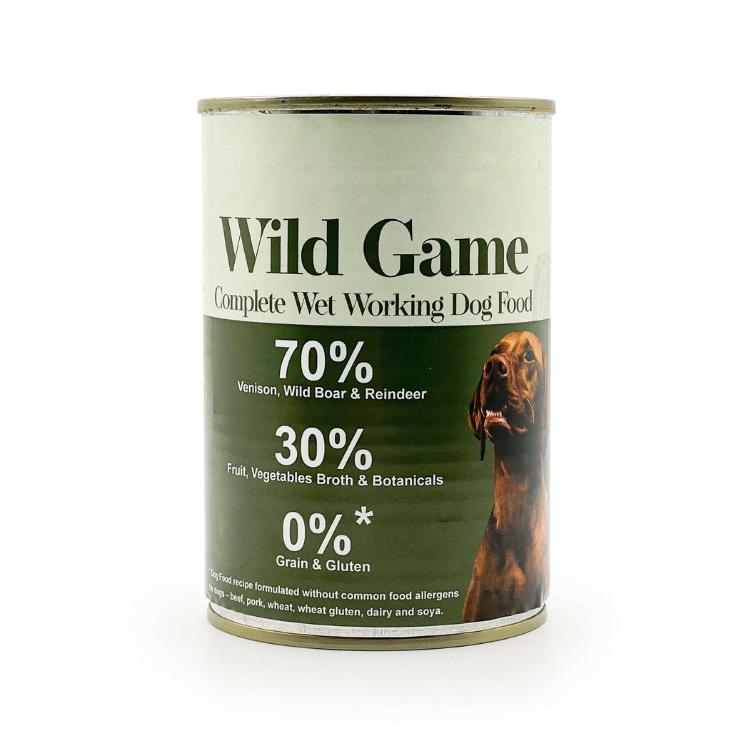 Energetic blend of venison, reindeer, and boar in grain-free tinned food for working dogs, 400g each.
