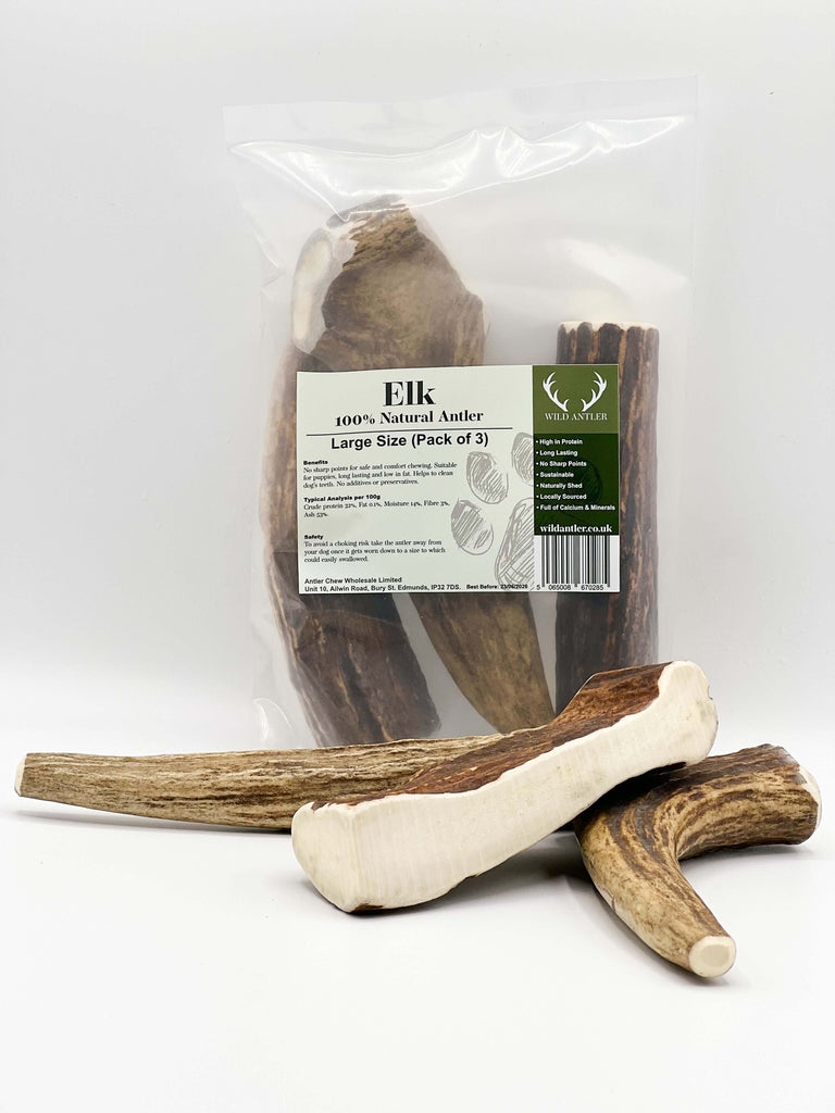  Elk Antler L size Dog Chews, now available in a convenient bundle of three, providing a natural, long-lasting chewing solution.