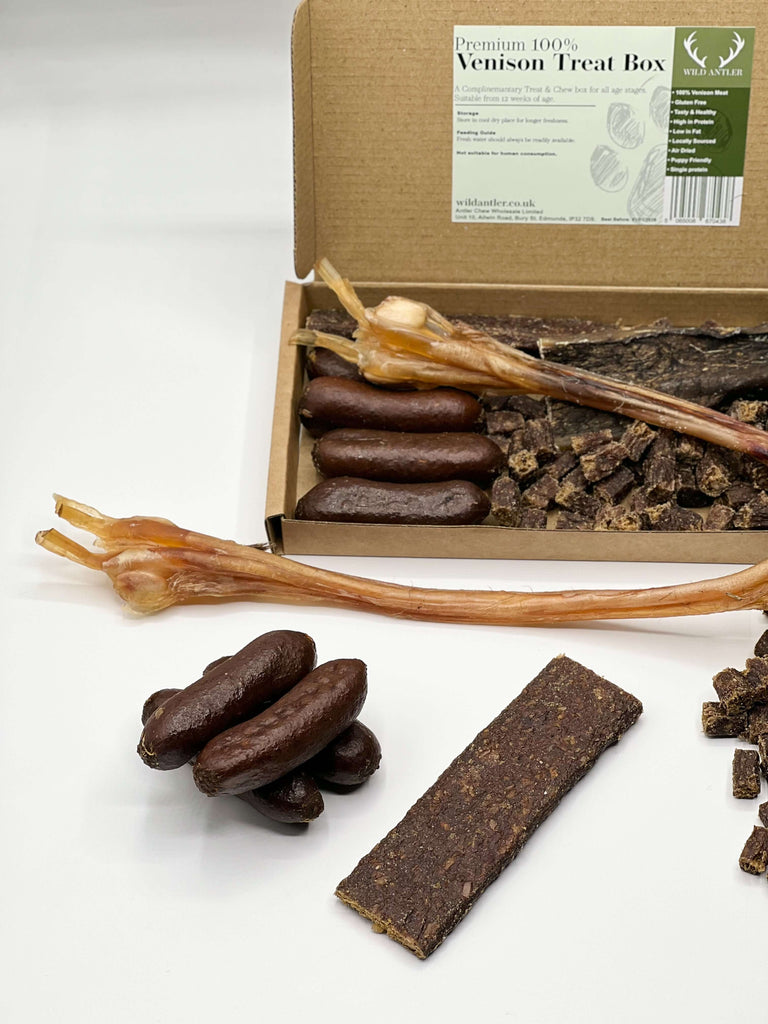 The Venison Treat Box is a gourmet collection of premium, air-dried venison treats that provide a healthy, high-protein snack option for your dog, perfect for rewarding good behaviour or for training sessions.